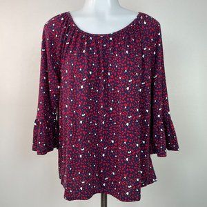 Michael Michael Kors Top Medium Blue Red Hearts Bell Sleeve Blouse Women's